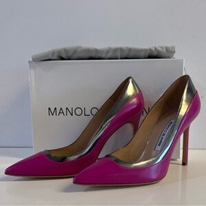 Manolo Blahnik Fuchsia and Metallic Silver Heels